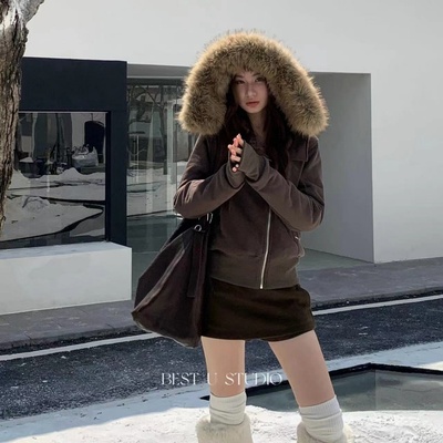 TCCW美式复古毛领连帽外套女