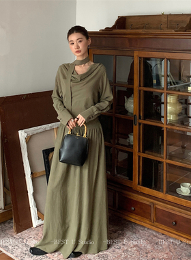 Best U气质法式荡领连衣裙女秋季新款收腰皱褶长裙显瘦百搭大摆裙