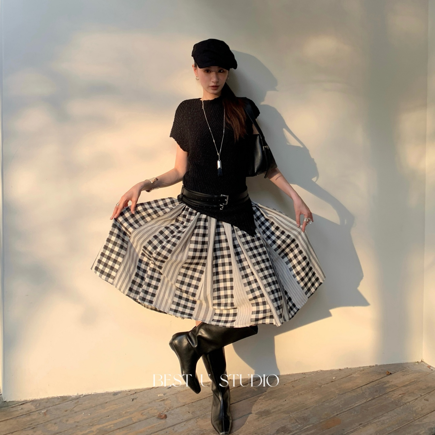 BestU复古格子拼接半身裙女秋季