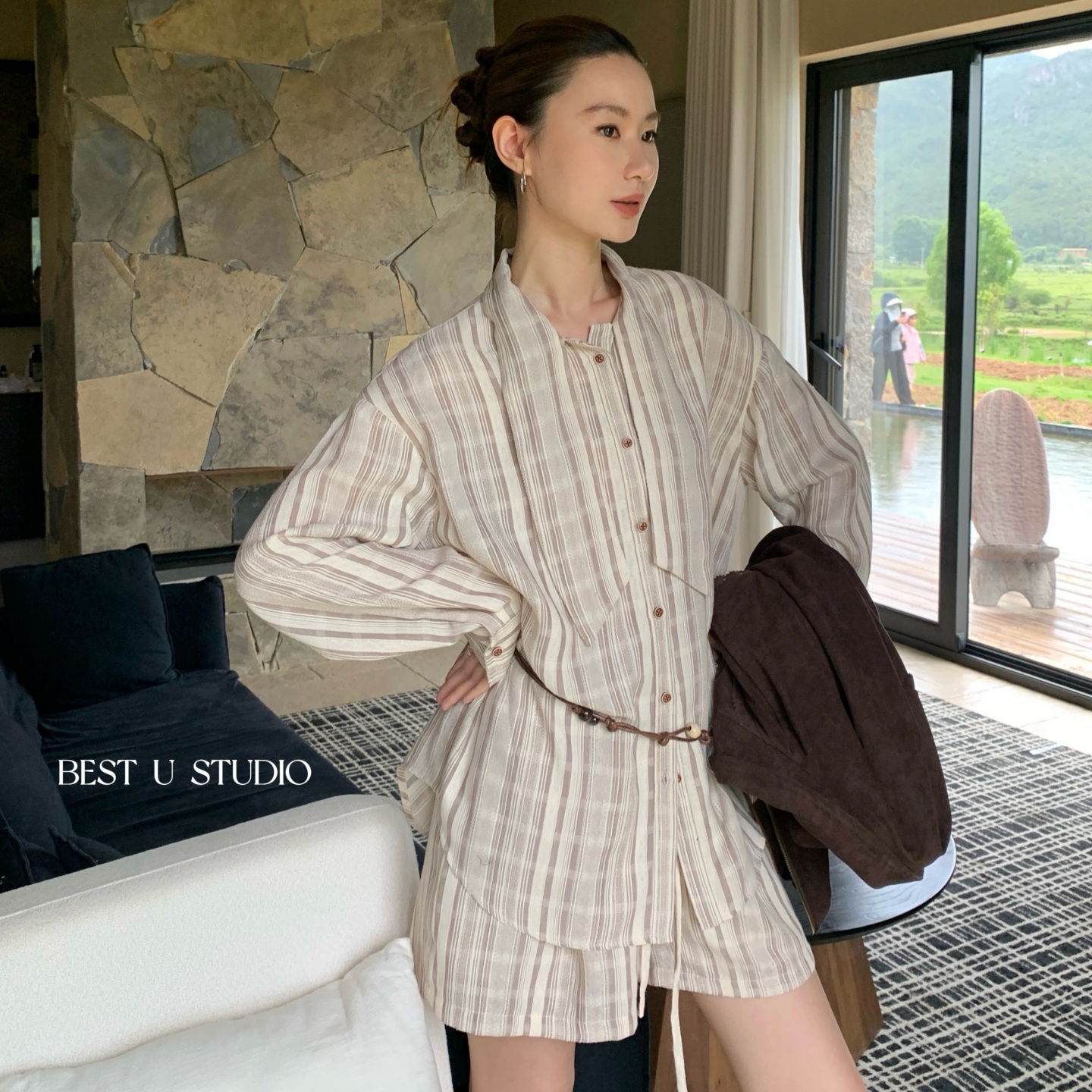 BestU复古条纹衬衫女秋季