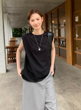 TCCW设计感垫肩无袖T恤女夏季新款Best U小众百搭纯色显瘦上衣