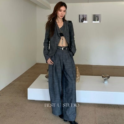 BestU复古纯色毛边阔腿裤女