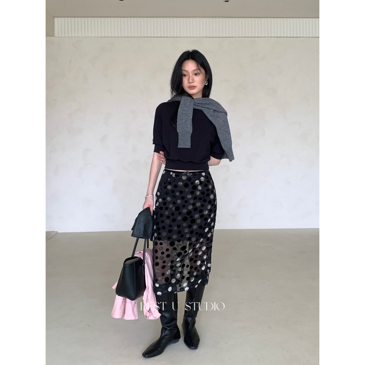TCCW设计感异色植绒波点半身裙女2026年秋季新款中长款黑色半裙