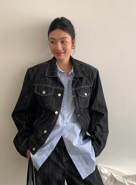 TCCW复古纯色翻领百搭短款牛仔外套女春季新款Best U显瘦牛仔夹克