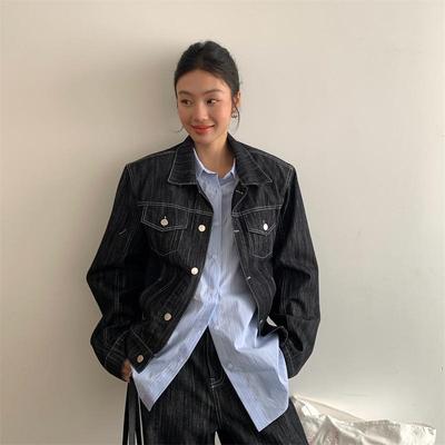 BestU复古翻领显瘦短款牛仔外套