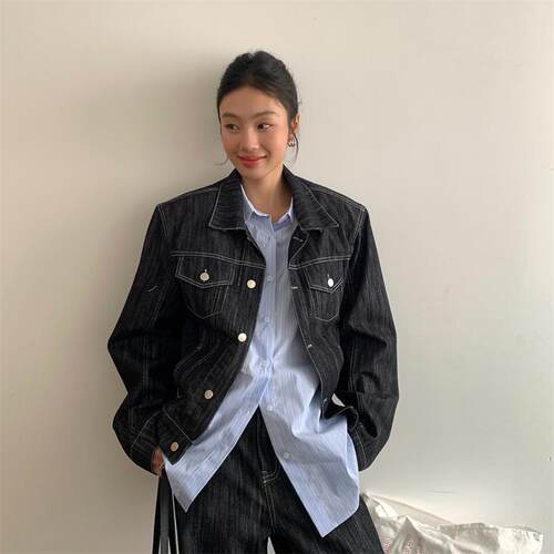 BestU复古翻领显瘦短款牛仔外套