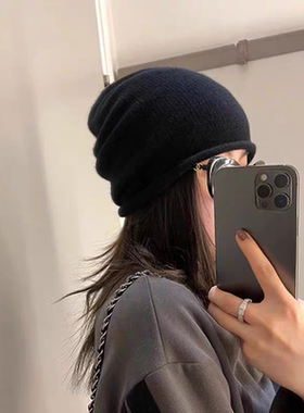 康塞尼双股100%纯山羊绒帽子男女保暖针织卷边堆堆冷帽欧美休闲c