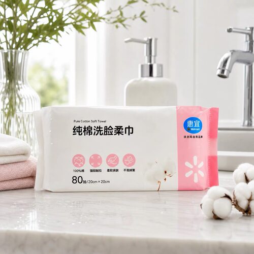 沃尔玛惠宜100%纯棉洗脸柔巾80抽20cmx20cm柔软便携式干湿两用纸