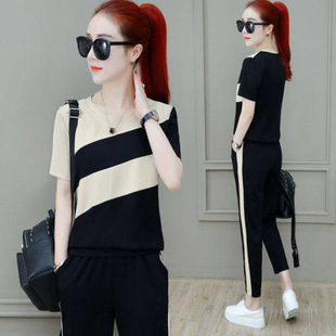 东南亚运动套装女夏款大码拼接撞色短袖时尚休闲跑步服两件套