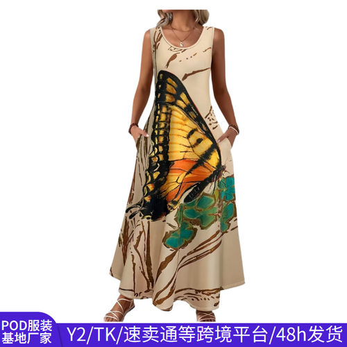 亚马逊爆款夏季无袖带口袋连衣长裙女宽松休闲度假沙滩裙夏装外贸