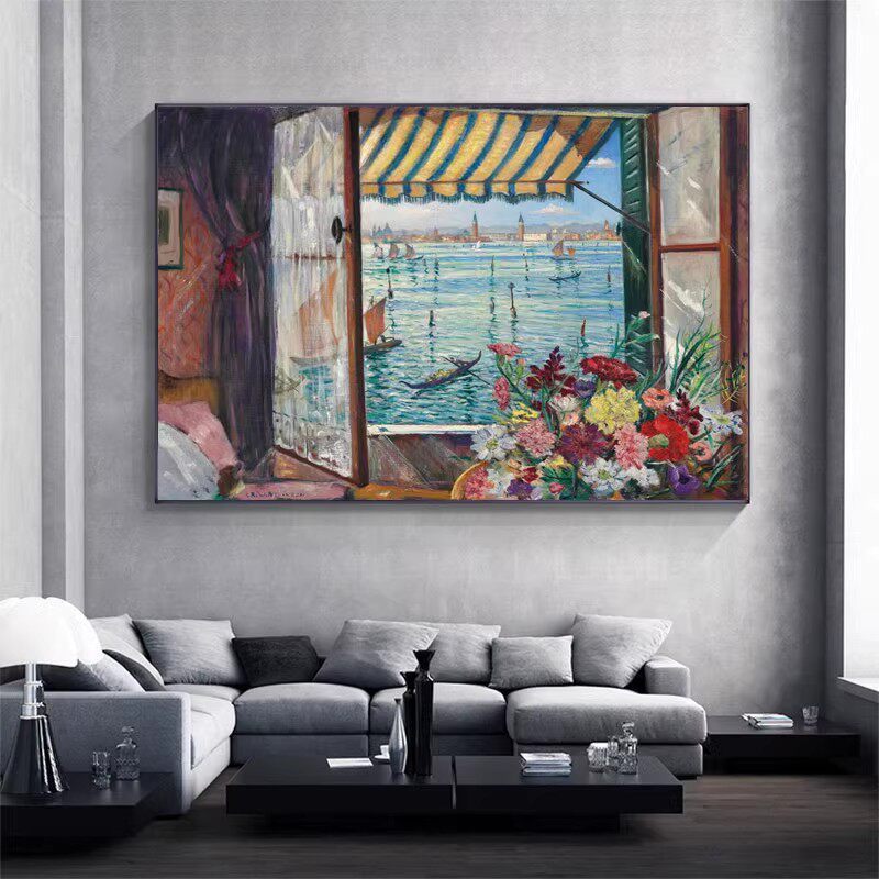 内文森 客厅有框画卧室餐厅挂画墙画 威尼斯窗外风景油画喷绘
