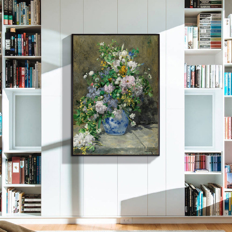 雷诺阿瓶中花卉春之花束有框画卧室客厅餐厅挂画墙画定制油画喷绘