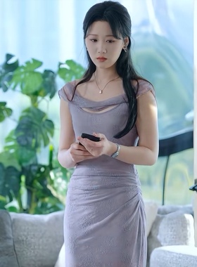 车里到底有什么秦悦然同款灰紫色蕾丝网纱收腰显瘦连衣裙长裙女