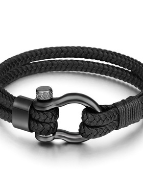 手链男士配饰复古饰品欧美手镯Temu热卖跨境皮绳编织马蹄扣合金