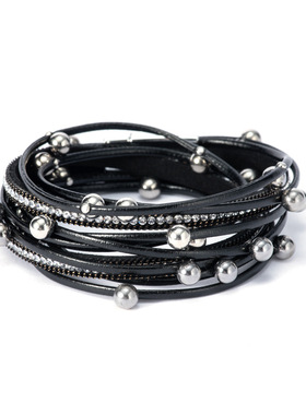 欧美流行跨境两圈钉珠皮手链多层皮革手链女时尚镶钻磁扣手镯手饰