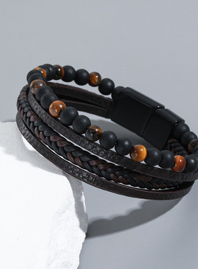 亚马逊男款手工手链男士编织天然黑曜石手链手饰串珠手镯手串