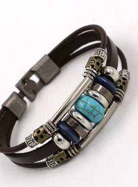 西藏 内蒙 新疆风情 绿松石串珠民族PU手链 复古多层时尚个性手饰