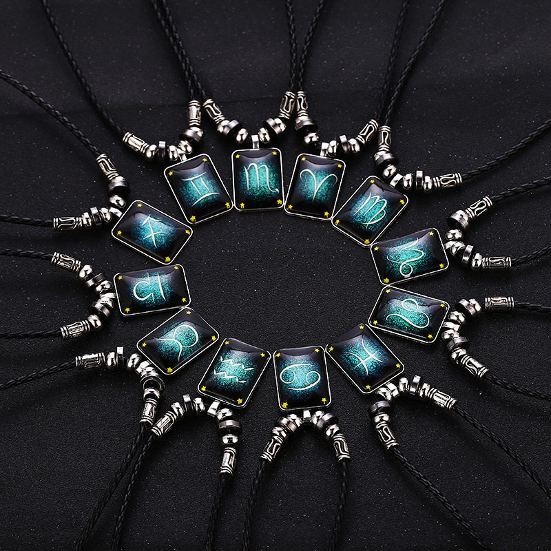 光男款十二星座水晶项链 地摊宝石12星座牌吊坠黑绳项链