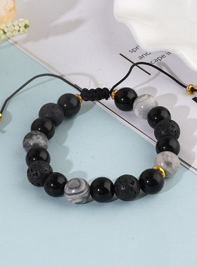 多款直播热卖天然火山石雪花石珠子手链男复古10/8mm弹力情侣手串