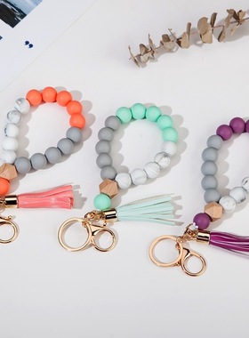 跨境现货食品级硅胶珠手串钥匙扣 百搭时尚榉木珠手环硅胶珠手镯