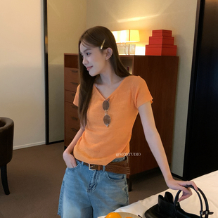 韩版夏季纽结镂空领设计感温柔小女人针织衫A80110#