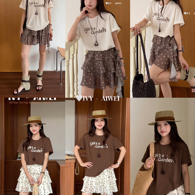 绣花短袖T恤+复古松紧腰波点半身裙两件套套装(配挂饰)83639