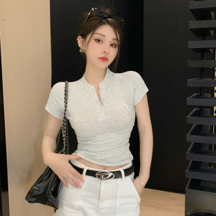 2026夏天设计感上衣半开领修身短袖女T恤辣妹风纯欲穿搭体恤小个Z