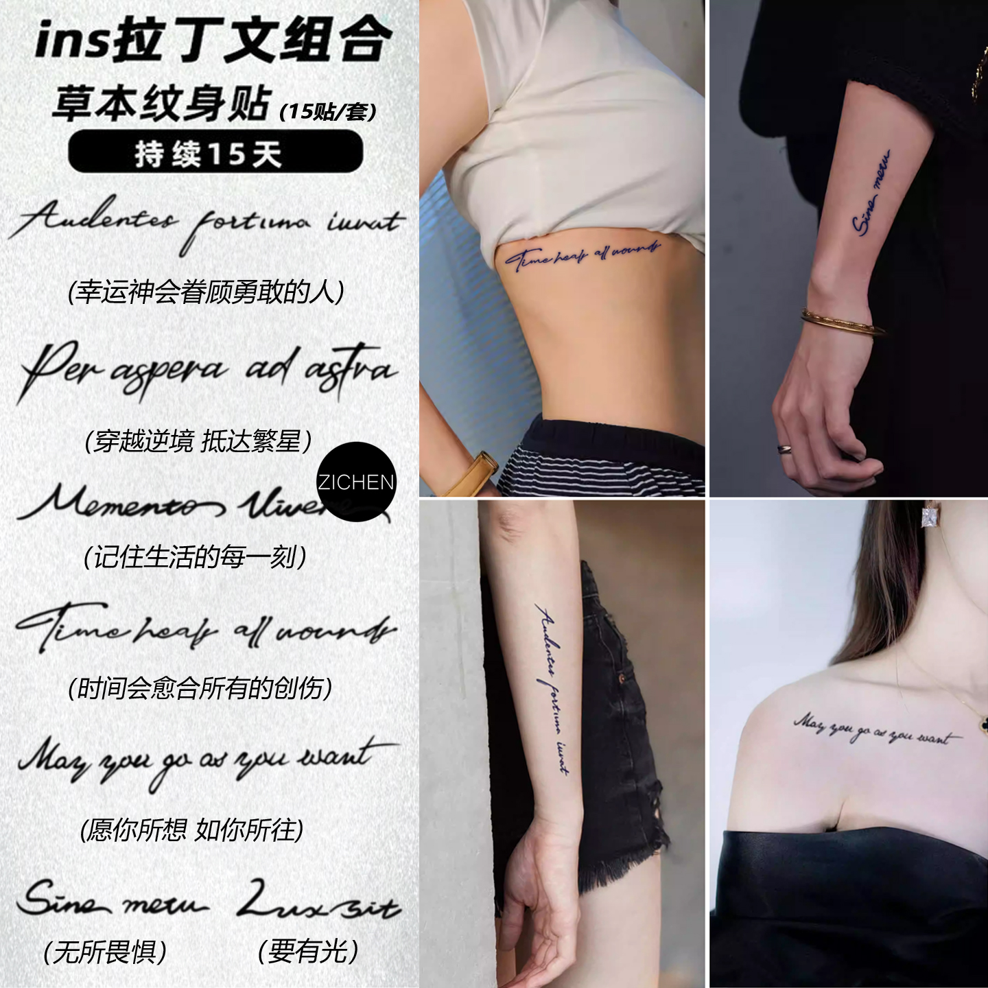 ZICHEN 拉丁文套装草本纹身贴防水男女英文句个性高级感锁骨手臂