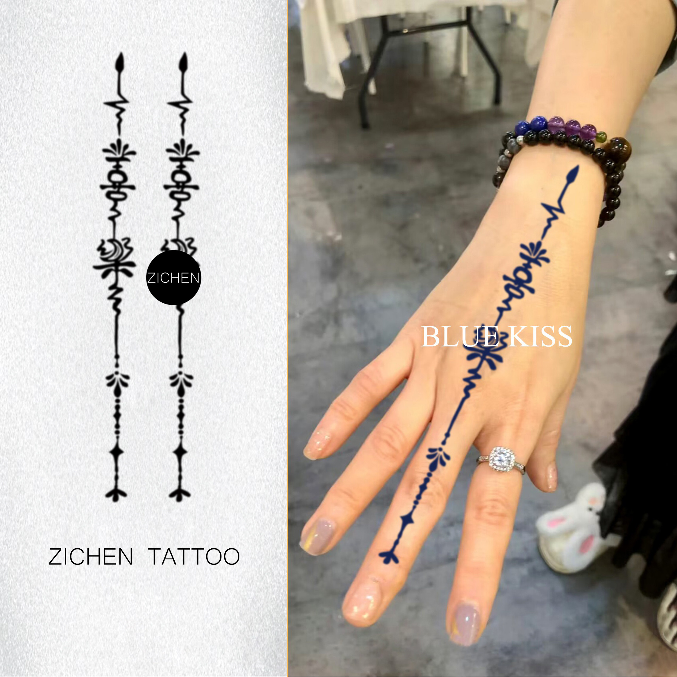 zichen 中文喜乐手背纹身贴海娜风草本半永久持久防水男女文字款