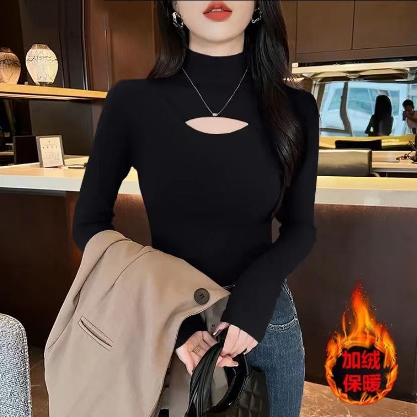 半高领镂空长袖t恤女辣妹