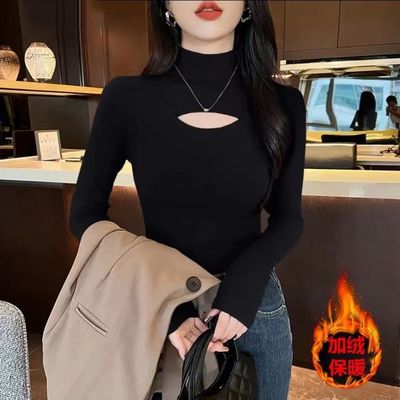 半高领镂空长袖t恤女辣妹