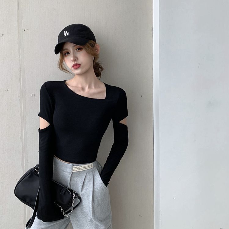 长袖T恤韩版显瘦拼接破洞纯棉女