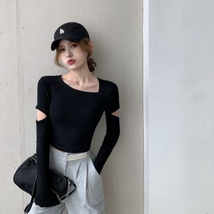 短款 黑色打底衫 修身 洋气长袖 T恤锁骨心机小众设计感上衣潮 女秋季