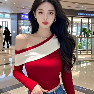 t恤女小众设计感修身 长袖 显瘦上衣 性感辣妹斜领撞色短款 春秋新款