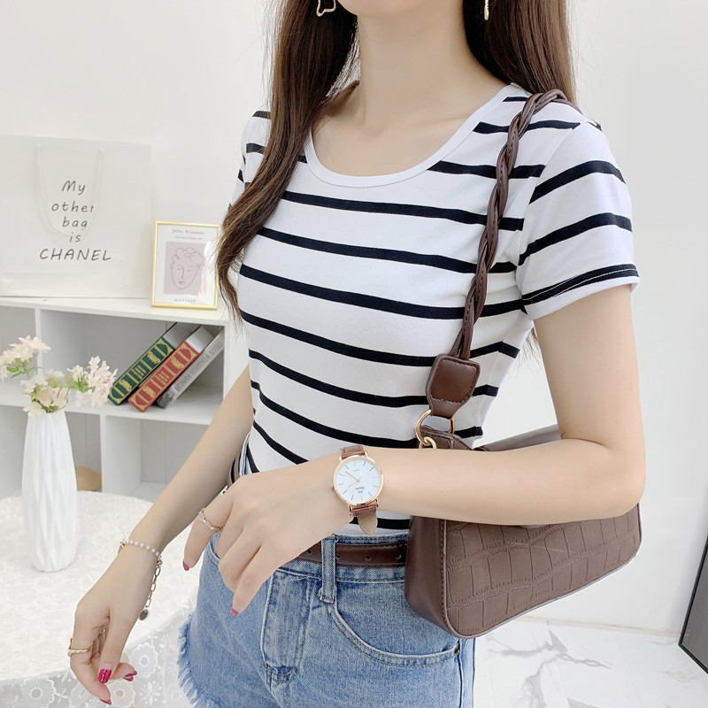 短袖t恤女士条纹上衣显瘦短款