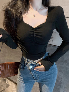 方领螺纹锁骨长袖t恤纯棉内搭打底衫修身性感女收腰小众设计上衣