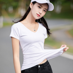夏装 女装 2025新款 韩版 紧身显瘦网红上衣V领潮T 纯色短袖 t恤女时尚