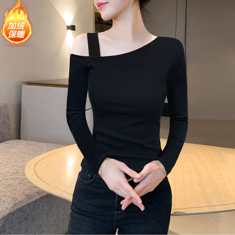 斜肩吊带长袖t恤女显瘦露肩上衣