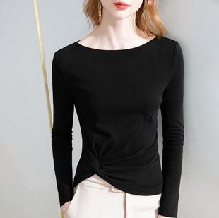 外穿叠穿都巨美！时髦长袖打底衫百搭纯棉t恤不规则设计黑色上衣