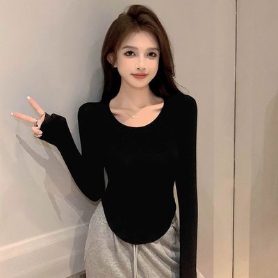 弧形下摆设计感U领长袖T恤女