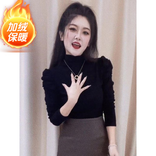 通勤风泡泡半高领长袖T恤女黑色修身保暖打底衫百搭减龄显瘦上衣