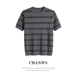 打底衫 CHANWS 针织T恤商务休闲通勤复古短袖 横条纹男士 8835 新款