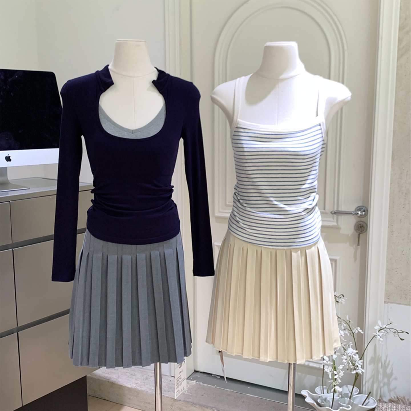 设计感压褶通勤低腰百褶半裙