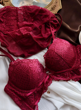 午夜蓝色文胸有钢圈3/4杯蕾丝聚拢内衣少女酒红色ABC罩杯胸罩女