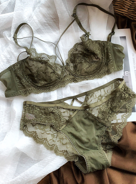 MidnightBlue性感黑色超薄细带双排扣少女有钢圈内衣文胸套装蕾丝