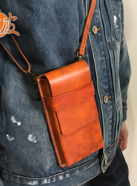 摄影套装小腰包手机折叠屏穿皮带单肩斜挎包厚牛皮手缝多功能男女