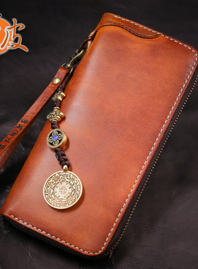 爱皮艺牛皮手工复古钱包男财布植鞣革男士钱夹手机拉链包长款手包