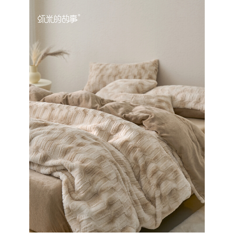 速发简约风渐层雷克斯加绒秋冬款兔 牛奶绒三四件套厚珊瑚绒床笠