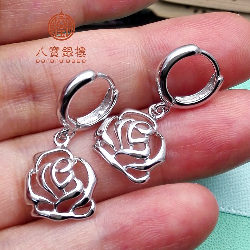 纯正925纯银耳扣 玫瑰金白金色耳环玫瑰花耳吊坠欧美时尚妈妈礼物
