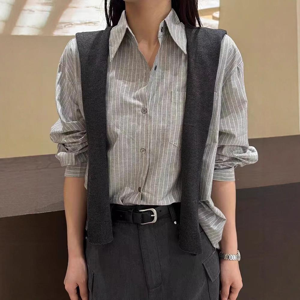 园园美衣长袖条纹衬衫女秋新款宽松大码显瘦休闲外搭POLO翻领带披